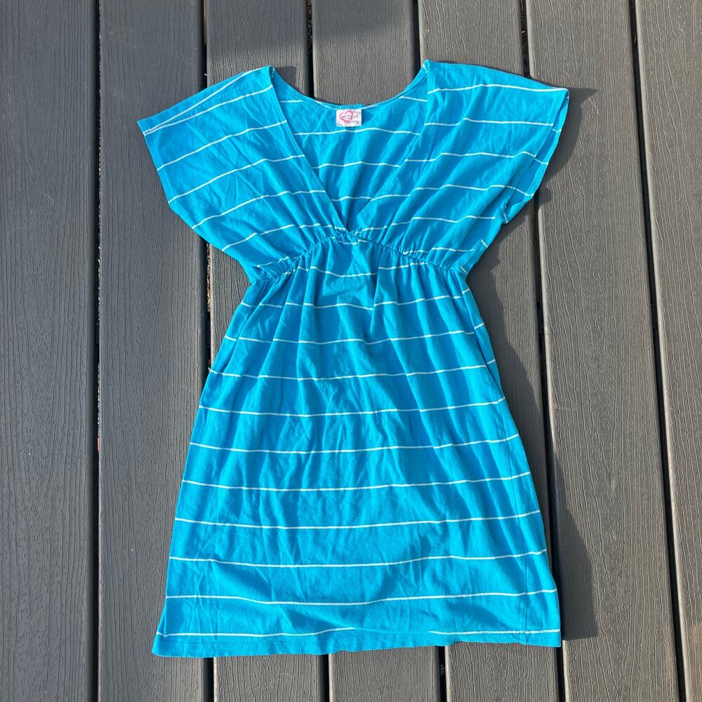 Vintage blue white striped mini dress V neck, cover-up beachy coastal maternity